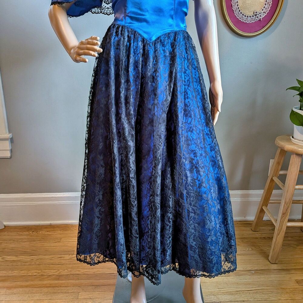 Vintage 80s Gunne Sax Ball Gown Southern Belle Maxi Dress Blue Satin Lace Size 5 - Picture 5 of 14